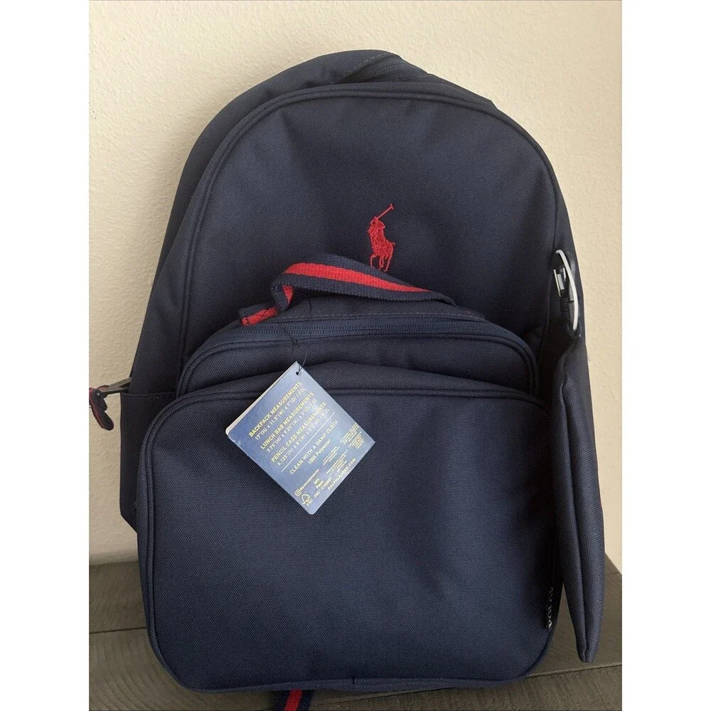Ralph Lauren Polo Youth Backpack Combo Set Lunchbox Pencil Case Navy Red School